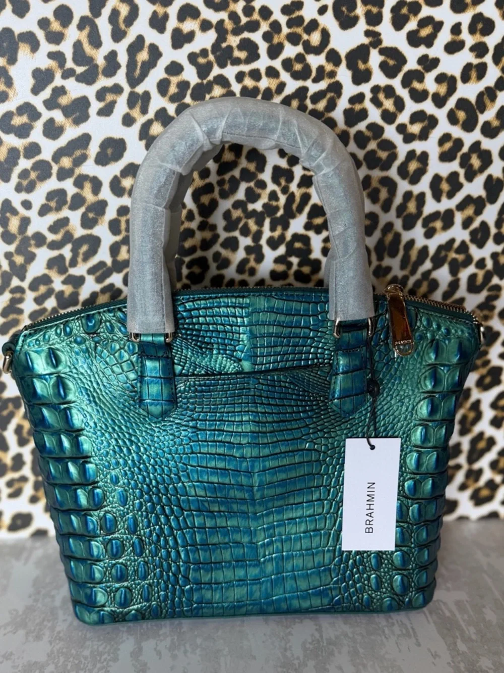 Brahmin Teal Iridescent Croc-Embossed Top-Handle Satchel - Picture 3 of 12